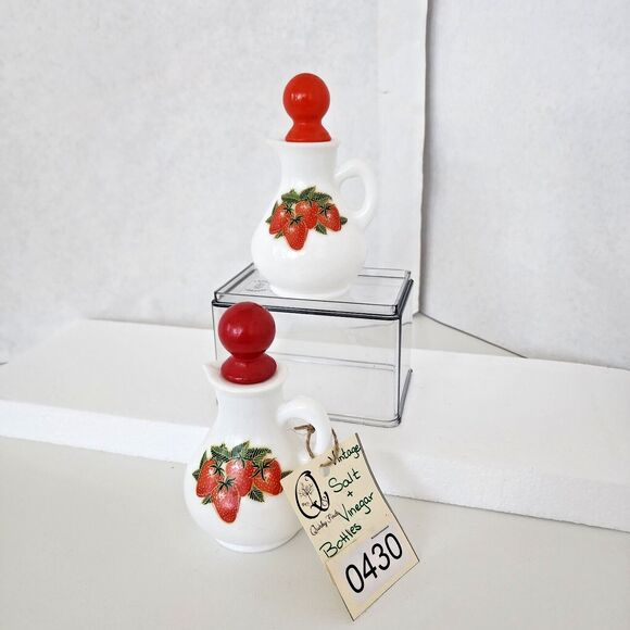 Retro White Milk Glass Strawberry Oil Vinegar Vintage Small Cruets 5.5" w/cork - Picture 14 of 14